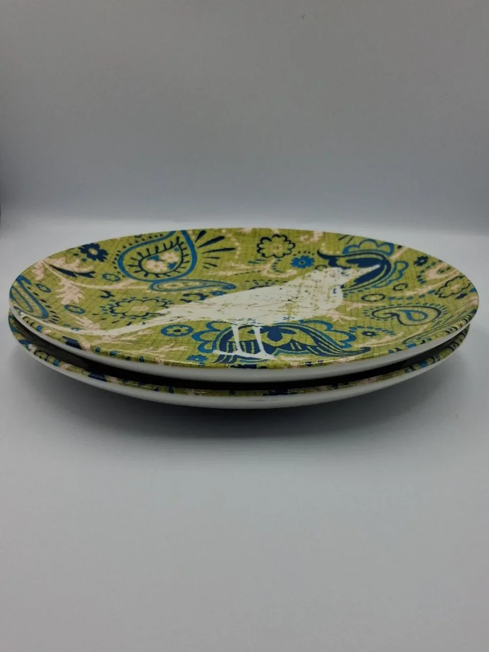 2 Vintage Pier 1 Imports Green/Blue Paisley Bird Salad/Dessert Plates 7 3/4” EUC
